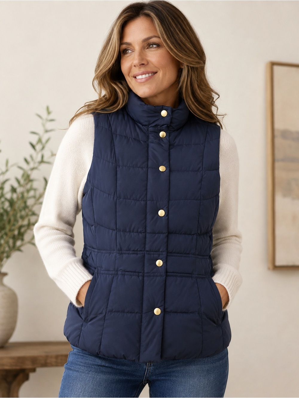 Crown & Ivy Navy Puffer Jacket Vest Resort Casual Minimalist Layering Essential